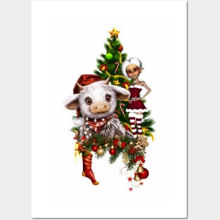 Cute christmas cow with little elf and christmas tree Posters and Art